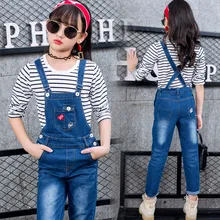 Новинка; модные комбинезоны с узором в виде сердца для подростков; модные детские джинсовые брюки на подтяжках для девочек; детские джинсовые комбинезоны; комбинезон