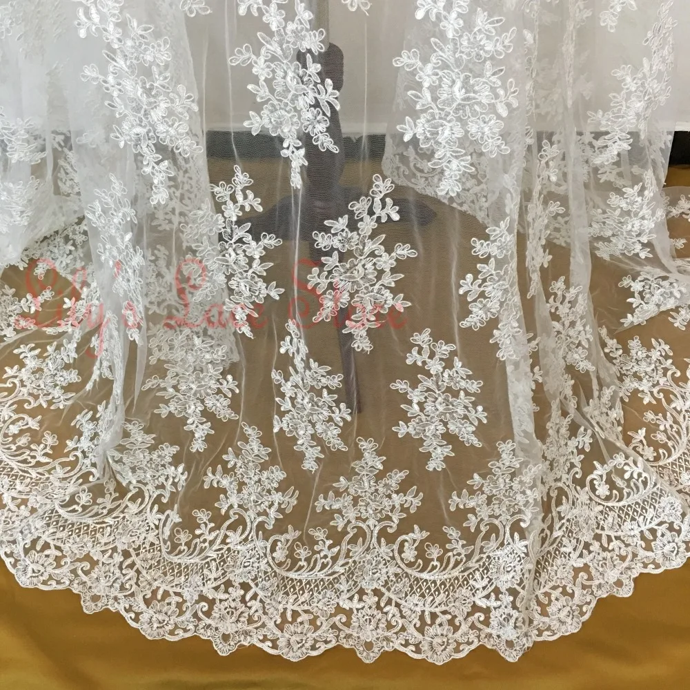 

2015 High end tulle mesh embroidered ivory wedding lace fabric with cording