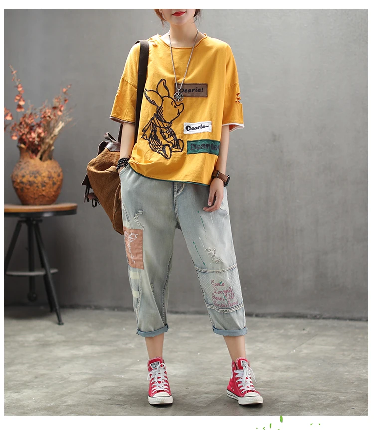 Женская летняя Модная брендовая китайская стильная винтажная хлопковая Футболка с вышивкой в виде поросенка, женские повседневные свободные футболки