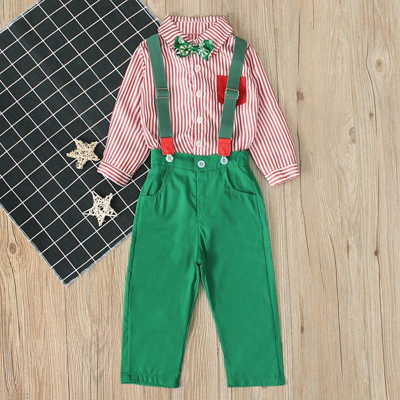 Gentleman Kid Boys Formal Suits Summer Sets Bow Tie Long Sleeve T-shirt Suspender Trouser 2Pcs Christmas Outfits 1-5Years