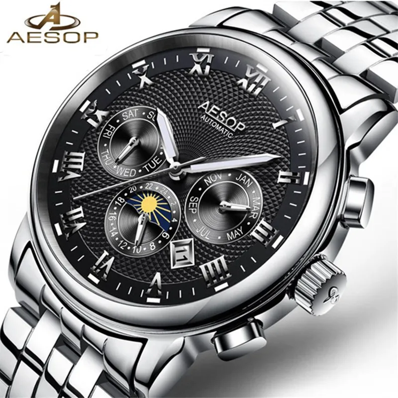 

AESOP Men Fashion Watch Automatic Mechanical Wristwatch Leather Band Shockproof Waterproof Watch Male Clock Relogio Masculino
