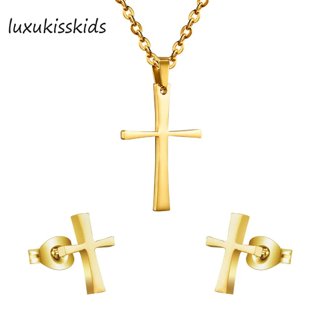

LUXUKISSKIDS Fashion New Product Cross Shape Pendant And Earrings Fine Jewelry Sets,316 Stainless Steel Set,Free Chain