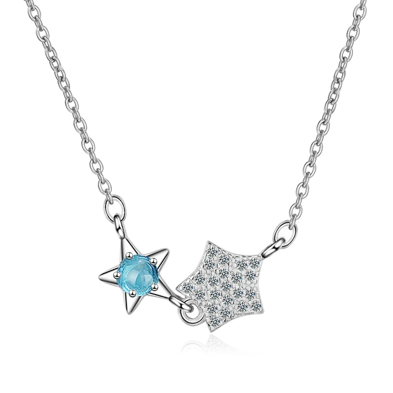

Double Star Artificial Crystal Pendant Necklaces Zirconia Silver Chain Necklaces Choker collier Valentine's Day Gifts For Women