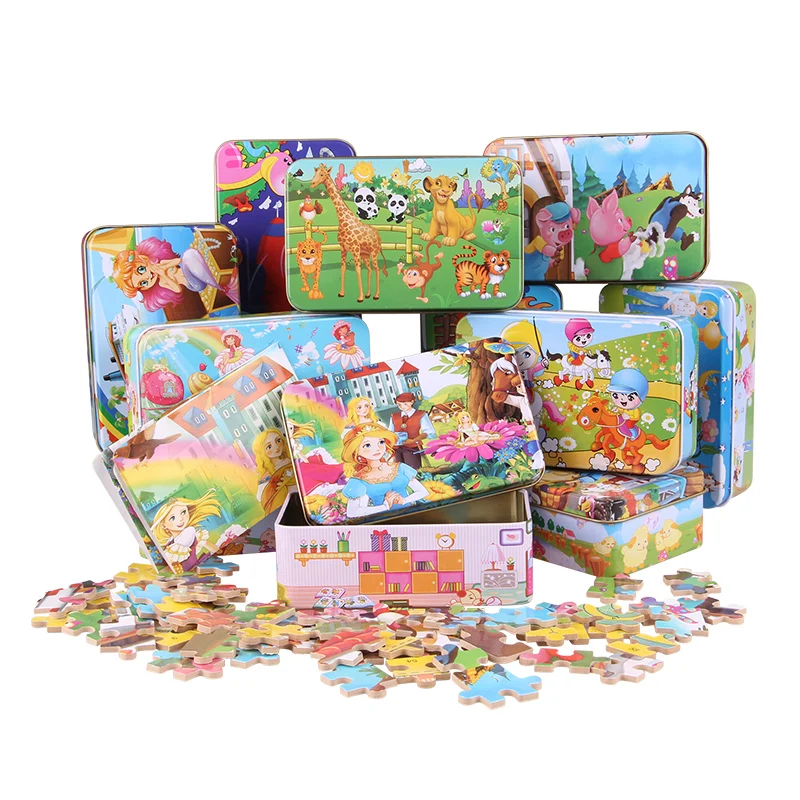 

Kid toys 60 Pieces of Wooden Jigsaw Puzzle Iron box Packaging Wooden toys for Children Montessori education Puzzle Toys