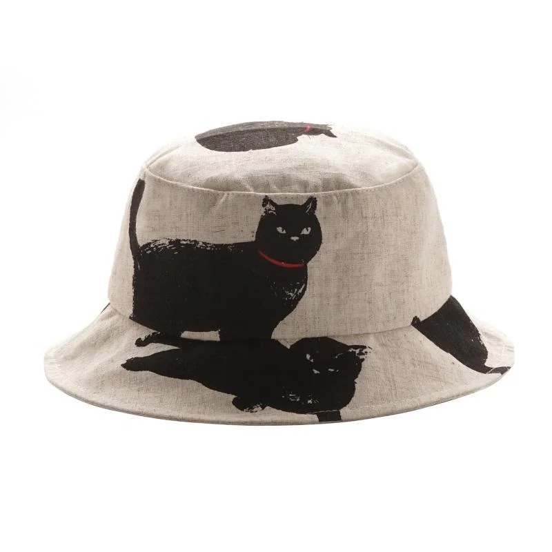 

Spring and Summer Folding Cotton & Linen Bucket Hat with Cute cat pattern Flat Portable Fisherman Cap for Women Kitty Printing