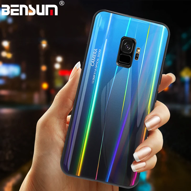 

luxury Gradient Aurora Flame Tempered Glass Case for Samsung galaxy S8 S9 Plus Laser Glass Colorful Cover For Samsung Note 8 9