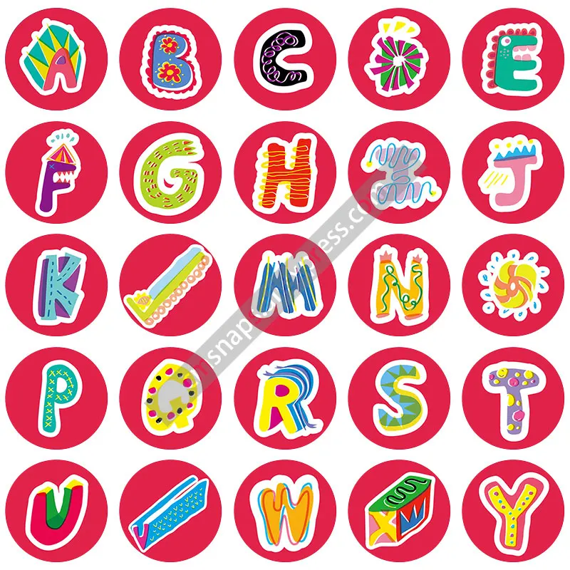 

New A-Z Alphabet Letters words 26pcs 18mm snap buttons mixed round photo glass cabochon style for snap button jewelry