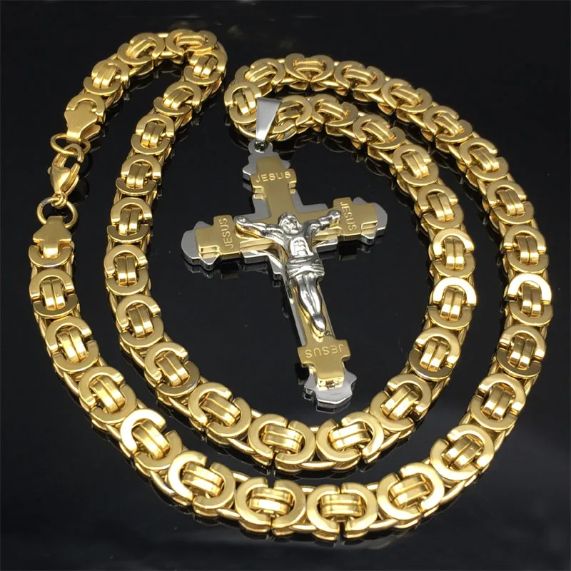 

New Stainless Steel Christs Jesus Cross Pendant Necklace Link Byzantine Chain Gold Tone Necklaces for Men 23.62" 5mm DIY Jewelry