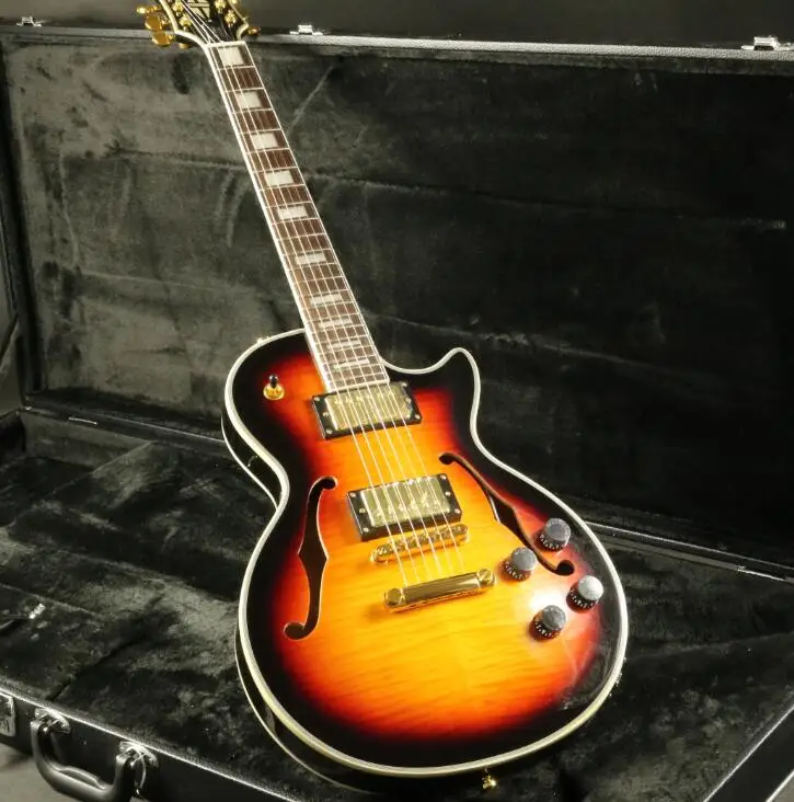 

Stock Top Quality Custom Electric Guitar Double F Hole Gold Hardware Figured Maple Top Veneer And Back Grover Tuner