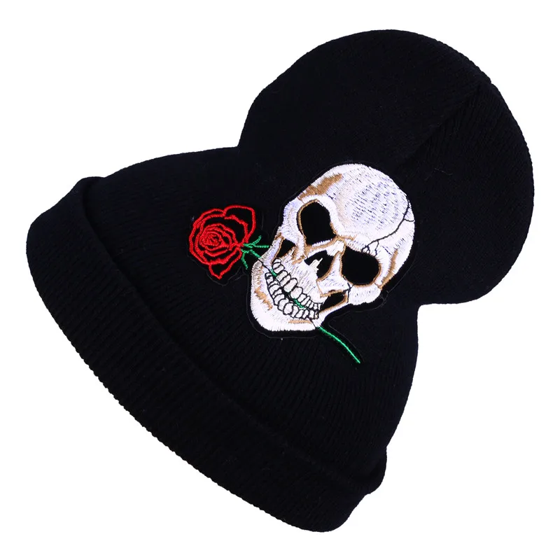 CRUOXIBB Мужская и женская теплая зимняя шапка вязаные шапки для девочек с черепом и красной розой шапка осень-зима модные шапочки Повседневные вязаные шапки s - Цвет: black