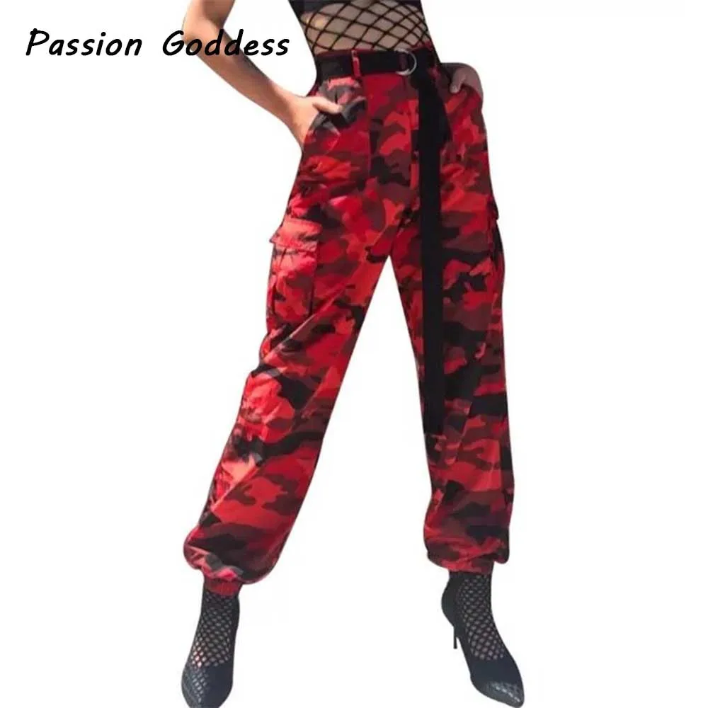 Европейские модные женские военные красные камуфляжные штаны-карго танец хип-хоп красные камуфляжные брюки Femme джинсовые брюки Pantalon Mujer - Цвет: Red