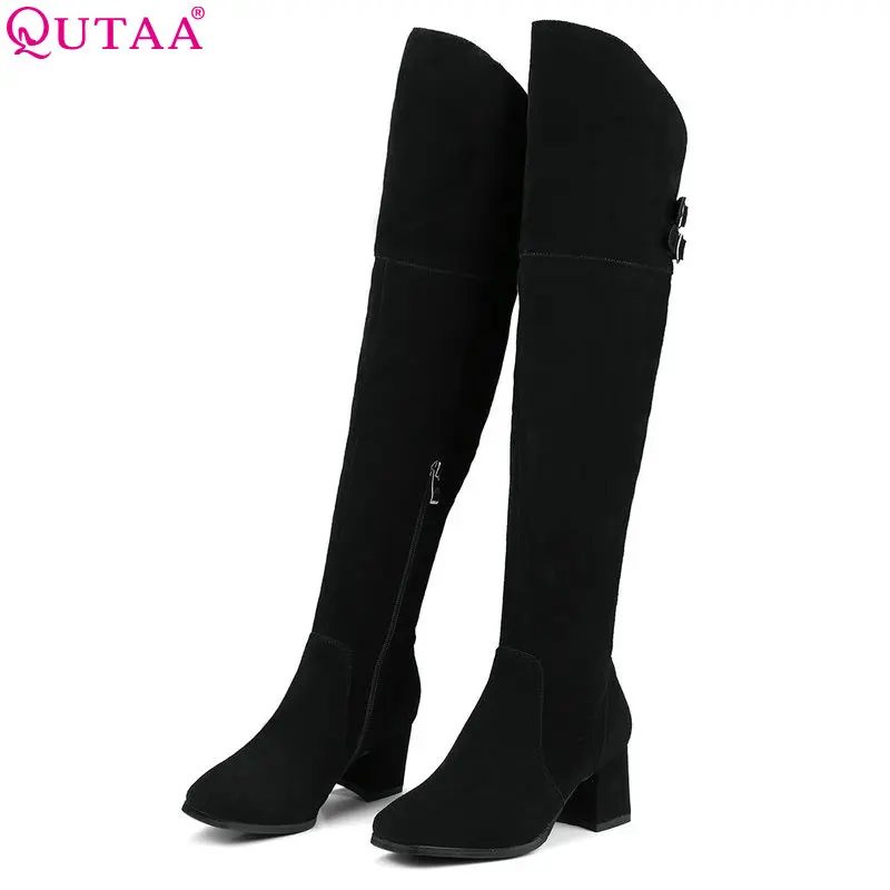 

QUTAA 2018 Women Over Knee High Boots Cow Suede Square High Heel Square Toe Zipper Fashionwestrn Style Women Boots Size 34-39