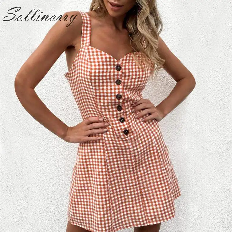 

Sollinarry High Waist Strap Sexy Short Dress Women A Line Classic Buttons Plaid Mini Dress Female Casual Retro Dress Vestidos