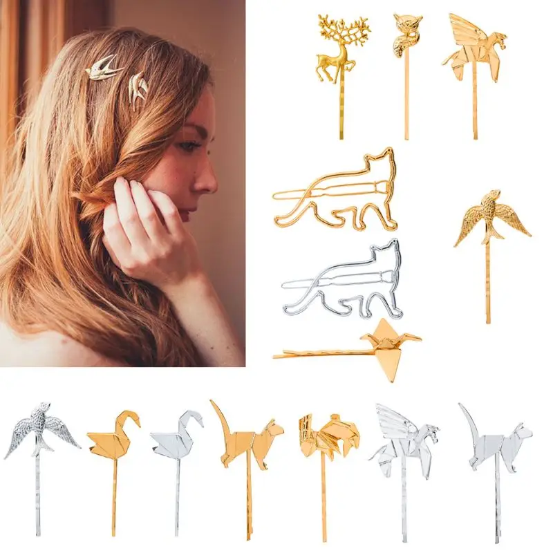 

Minimalist Women Metallic Gold Silver Hairpin Cute Cat Fox Rabbit Animal One Word Barrettes Side Bangs Hair Styling Accessories