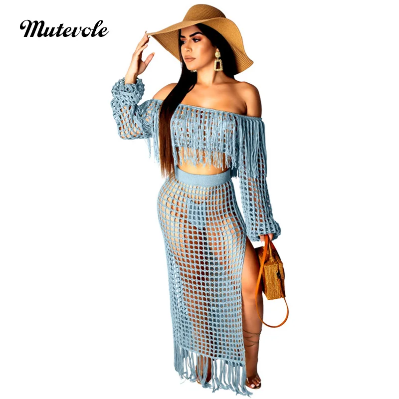

Mutevole Summer Beach Wear Tassel Two Piece Set Women Sexy 2 Piece Skirt Set Long Sleeve Off Shoulder Crop Top and Maxi Skirt