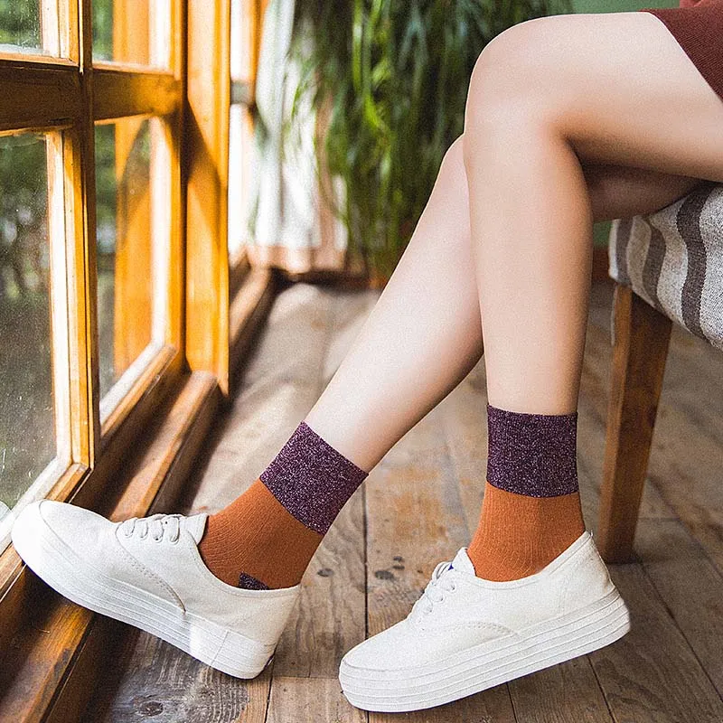 Cotton Harajuku Fashion Socks Women Korean Casual Glitter Socks For
