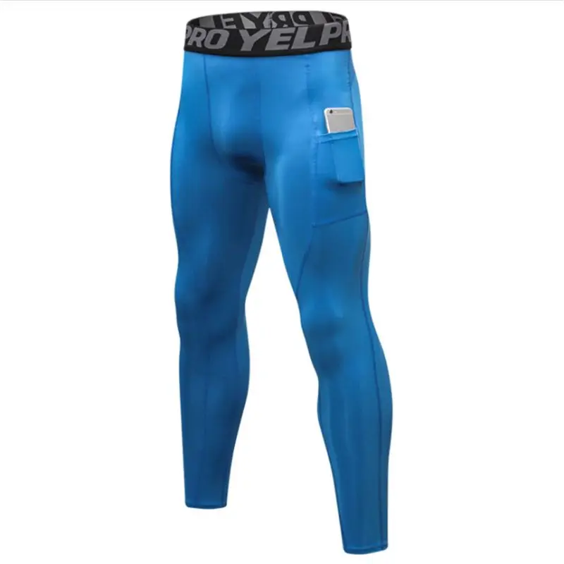 Мужские размера плюс, одноцветные компрессионные длинные штаны с карманами, крутые, сухие, Спортивные Леггинсы, эластичные, с буквенным поясом, термобелье для бега Ti - Цвет: Blue