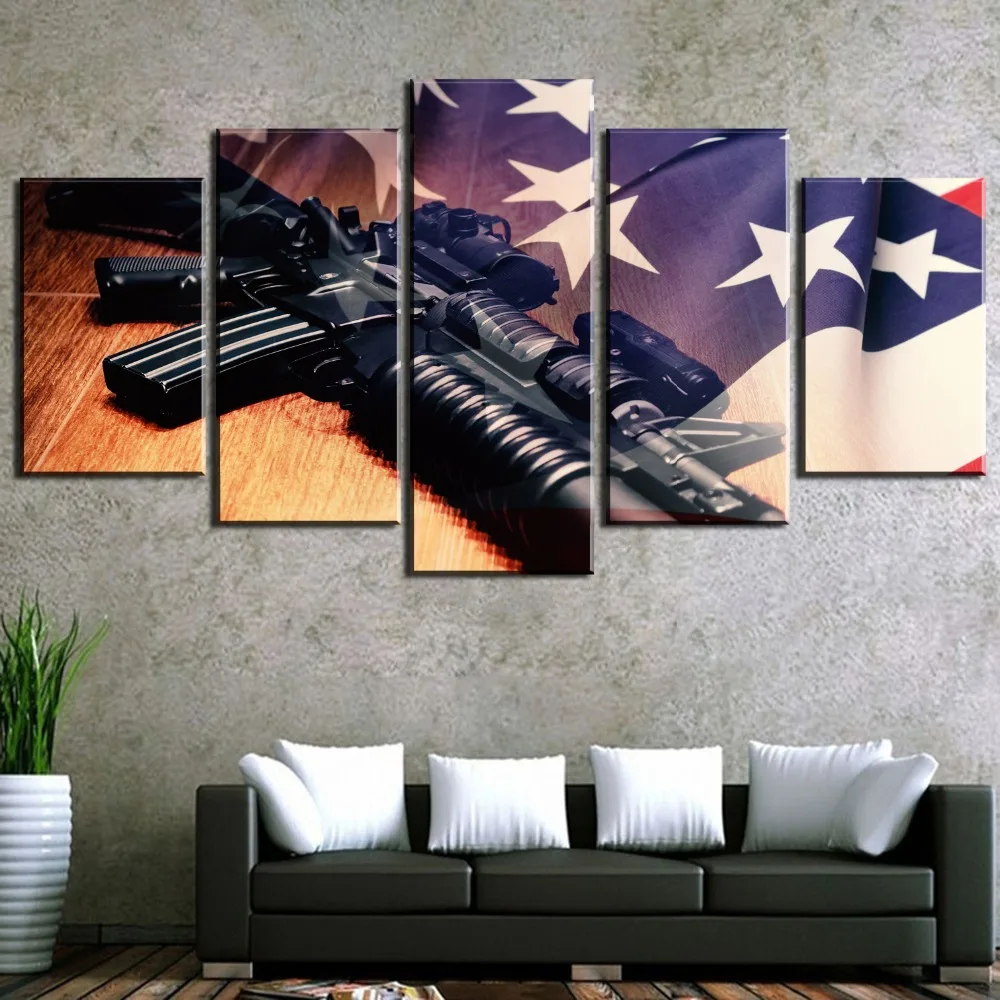 

HD Print 5 Panel Machine Gun American Flag Modern Decorative Paintings on Canvas Wall Art for Home Decorations Wall Decor