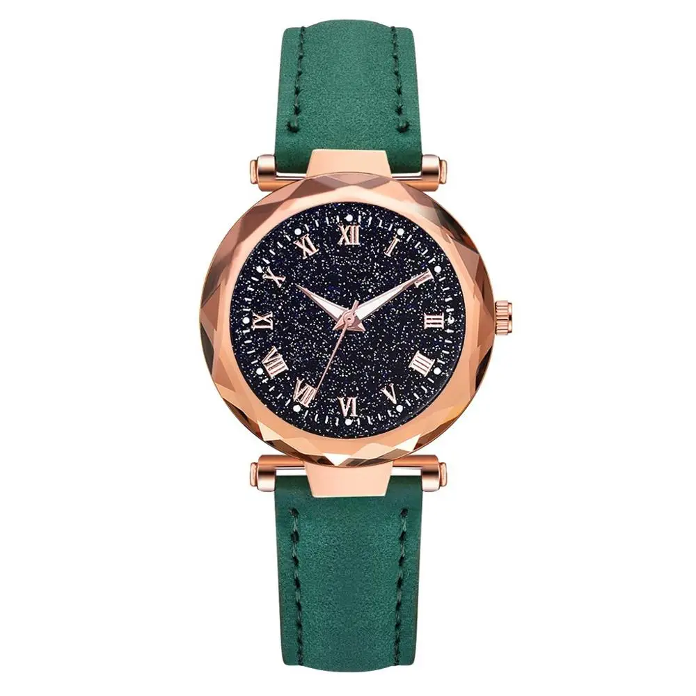 Модные женские часы с кожаным ремешком, роскошные часы, женские нарядные часы-браслет, модные Аналоговые кварцевые наручные часы с бриллиантами - Цвет: Зеленый