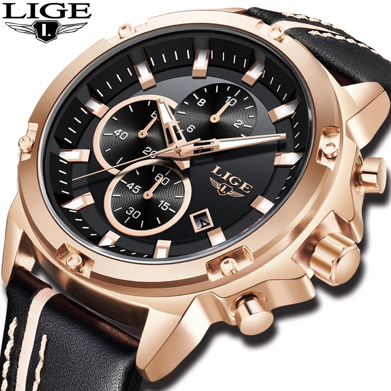 

Mens Watches LIGE Top Brand Luxury Casual Leather Sports Wristwatch Men Gold Waterproof Large Dial Watch For Men Erkek Kol Saati