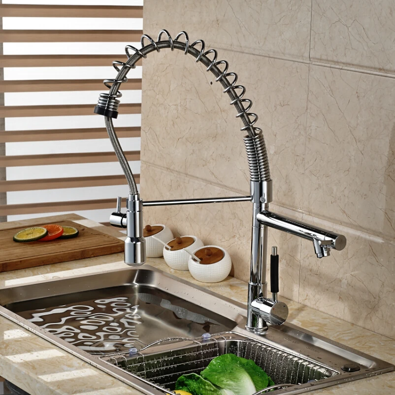 Chrome Swivel Kitchen Dual Spouts Sink Faucet Single Handle Pull Down Spray Mixer Tap