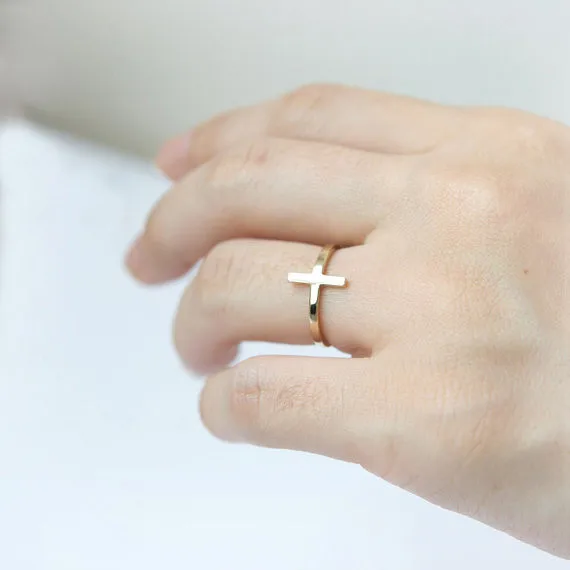 Jesus Sideways Cross Ring Rose Gold Color Engagement Promise Forever Couple Rings For Women Men Anillos Mujer Religious Jewelry