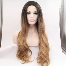 Long Wavy Heat Resistant Hair Wig Fashion Dark Root Brown Blonde Ombre Wig Celebrity Synthetic Lace Front Wig Natural