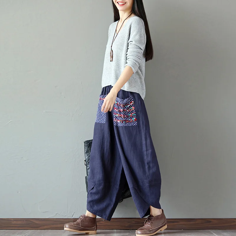 Wide Leg Harem Pants Trousers 2020 Chinese Style Women Ethnic Vintage Patchwork Elastic Waist  Loose Long Yoga Pants