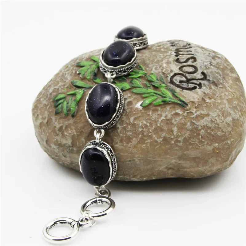 Овальный темно-синий сверкающих камень Плетёные браслеты для Для женщин Винтаж Посмотрите Античная Посеребренная Модные украшения