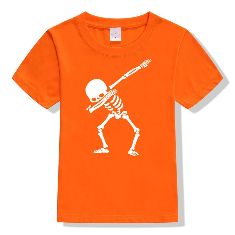 Детская футболка с оранжевым черепом в стиле хип-хоп с вытирающим скелетом футболки в стиле панк Детские футболки для мальчиков и девочек с забавным черепом Новая летняя одежда