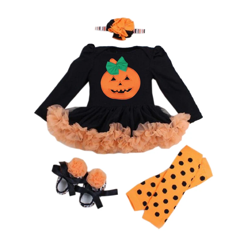 

Spring Newborn Baby Girls Clothes Halloween Fashion Lace Tutu Pumpkin Rompers+Headbands+Shoes+Leggings Newborn Novelty Clothing