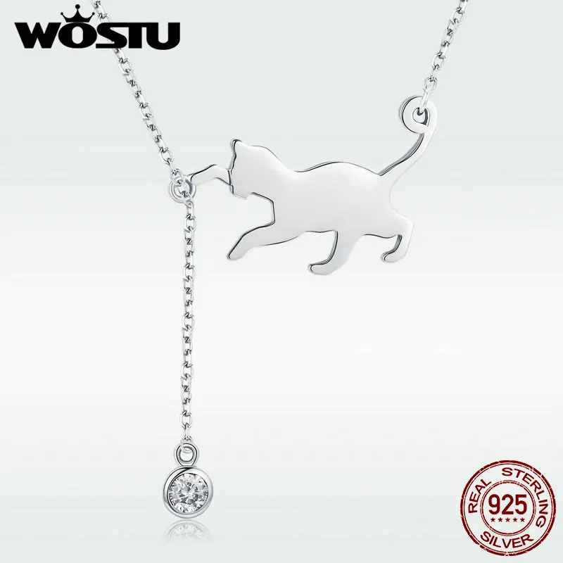 

WOSTU 100% 925 Sterling Silver Playful Cat Pet Chains Pendant Necklace For Women Luxury Brand Jewelry Dropshipping Gift DXN232