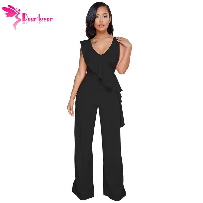 

Dear Lover Black Ruffle Rompers Office Work Wear Asymmetric Trim Sleeveless Wide Leg Jumpsuits Women Long Pants Casual LC64417
