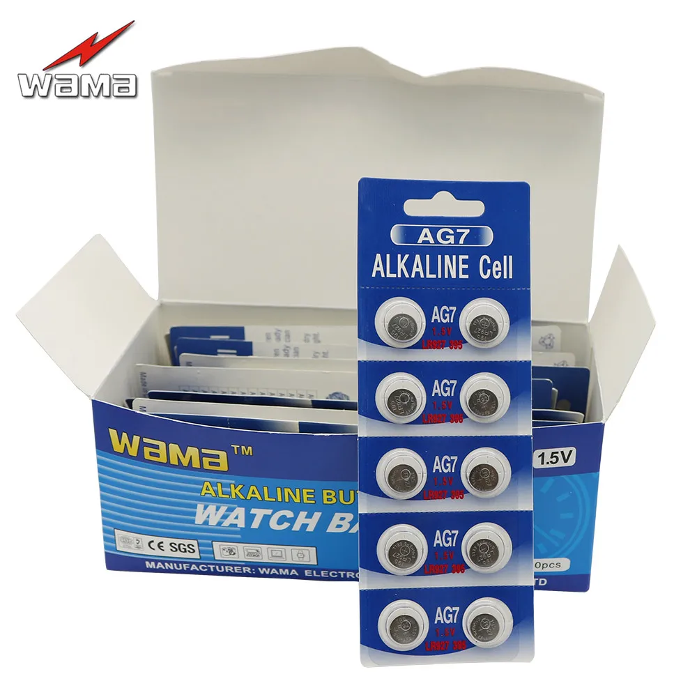 200 шт./лот Wama AG7 1 5 V щелочные батарейки L927 LR57 395/399 SR927 батарея монетного типа для