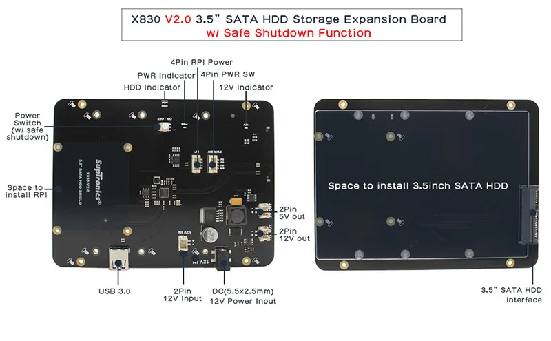 Raspberry Pi X830 V2.0 3,5 дюймов SATA HDD плата расширения хранения с блоком питания/адаптером для Raspberry Pi 3 Model B + (плюс)/3B