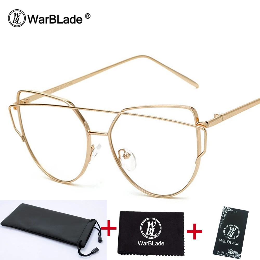 Кошачий глаз очки оправа женская брендовая дизайнерская двухлучевая металлическая оправа для очков прозрачные модные очки Прямая поставка WarBLade - Цвет оправы: gold clear