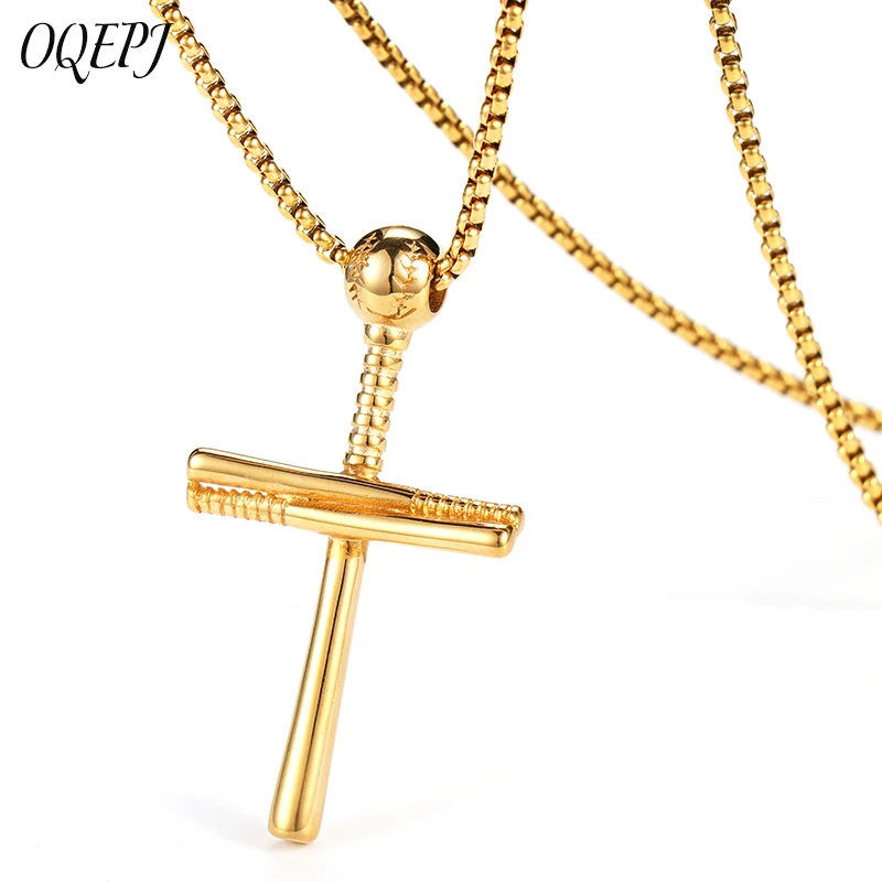 

OQEPJ Trendy Baseball Bat Cross Necklace&Pendant Stainless Steel Gold Silver Color Sporty Men Necklaces Unique Exquisite Jewelry