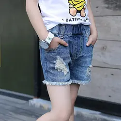 Новые летние детские джинсовые шорты для девочек с эластичной резинкой на талии, повседневные джинсы короткие брюки детские Костюмы