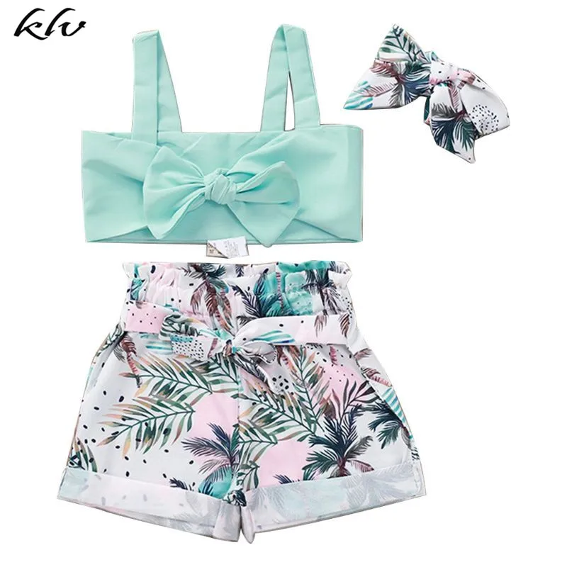 

3 Pcs/set Kids Cute Sling Top Pants Suit Coconut Tree Printing Girls Split Type Seaside Clothes Suits With Hair Band