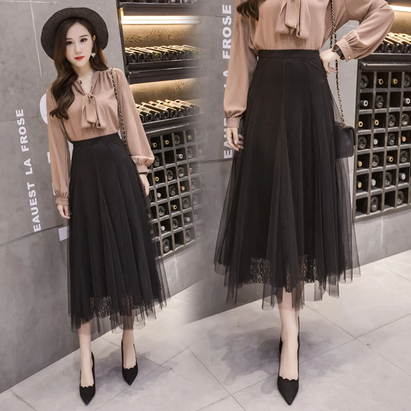 Женская однотонная плиссированная юбка трапециевидной формы до середины икры, Офисная Женская Милая Кружевная юбка, новая осенне-зимняя короткая юбка в Корейском стиле