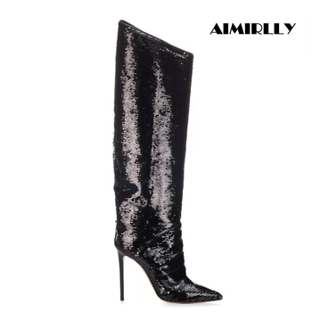 

New Fashion Women Ladies High Heel Knee Boots Slip On Winter Autumn Party Clubwear Dress Shoes Black Sequined Cloth Size 4~15.5