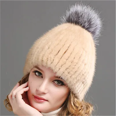 Furtalk Зимняя тёплая женская шапка из натурального норкового меха с помпоном из лисьей шерсти мех норки лисий мех помпон женская шапка зимняя шапка - Цвет: Beige