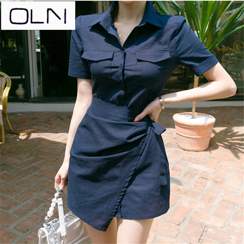

dress OLN Vestidos Autumn new Korean temperament shirt collar Slim lace bag hip fashion casual dress female
