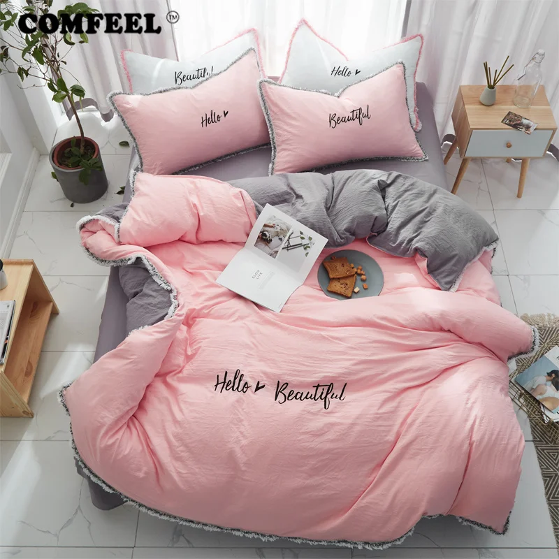 

COMFEEL Solid Comforter Bedding Sets Pink Broken Edge AB Side Cotton Duvet Cover Pillowcase*2 Bedsheet Comfortable Home Textile