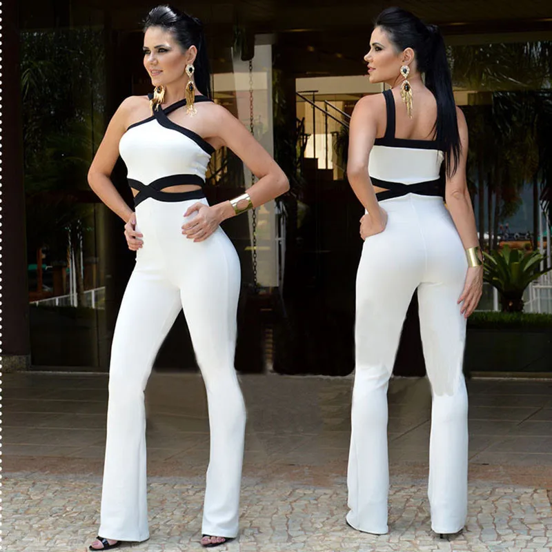 

Nadafair White Black Bodycon Sexy Off Shoulder Jumpsuit Women Backless Halter Bandage Summer Sexy Rompers Jumpsuit Plus Size