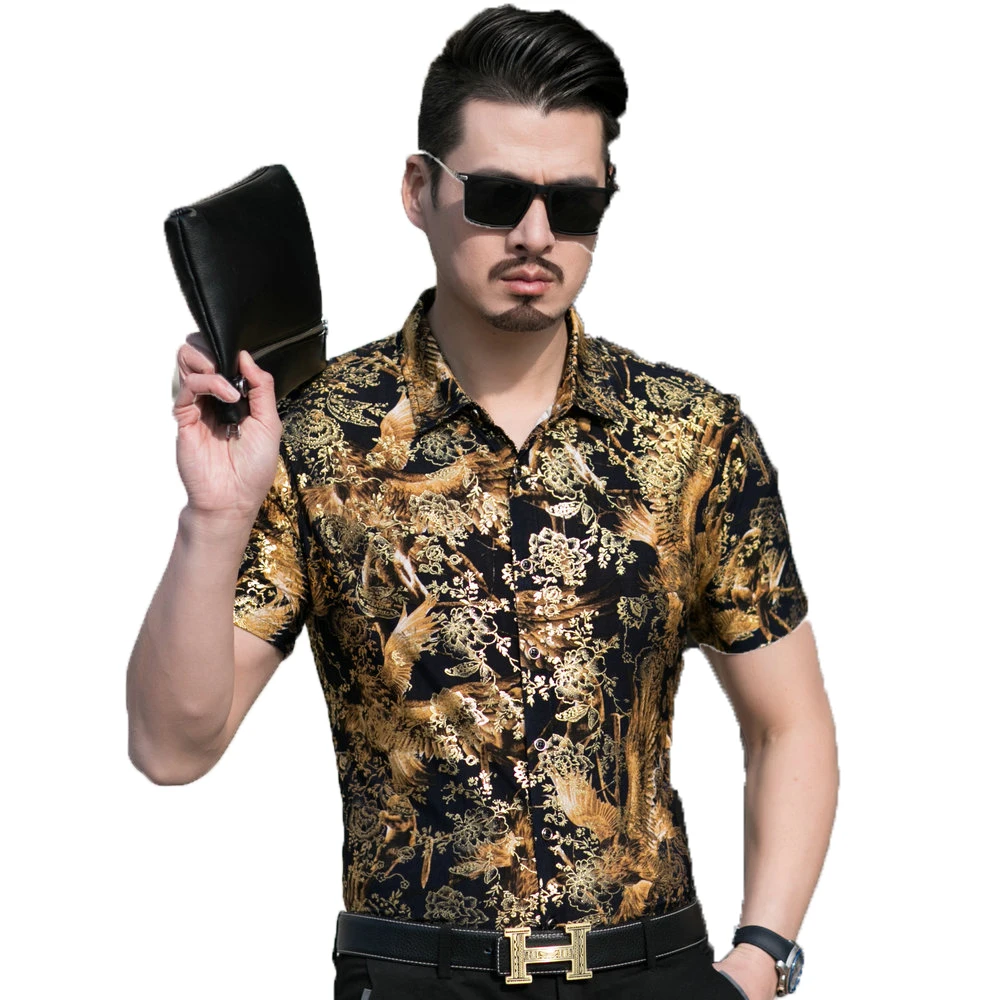 

Men Summer Shirts Yellow Floral Bird Pattern Gilding Design Tops Male Smart Casual Slim Fit Shirt Man Short Sleeve Blouse 4XL XL