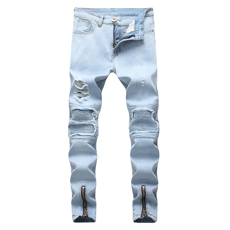 GMANCL, уличная одежда, хип-хоп стиль, мужские десторированные байкерские джинсы, рваные обтягивающие повседневные мужские гофрированные хлопковые джинсы для бега, брюки - Цвет: B11847 blue