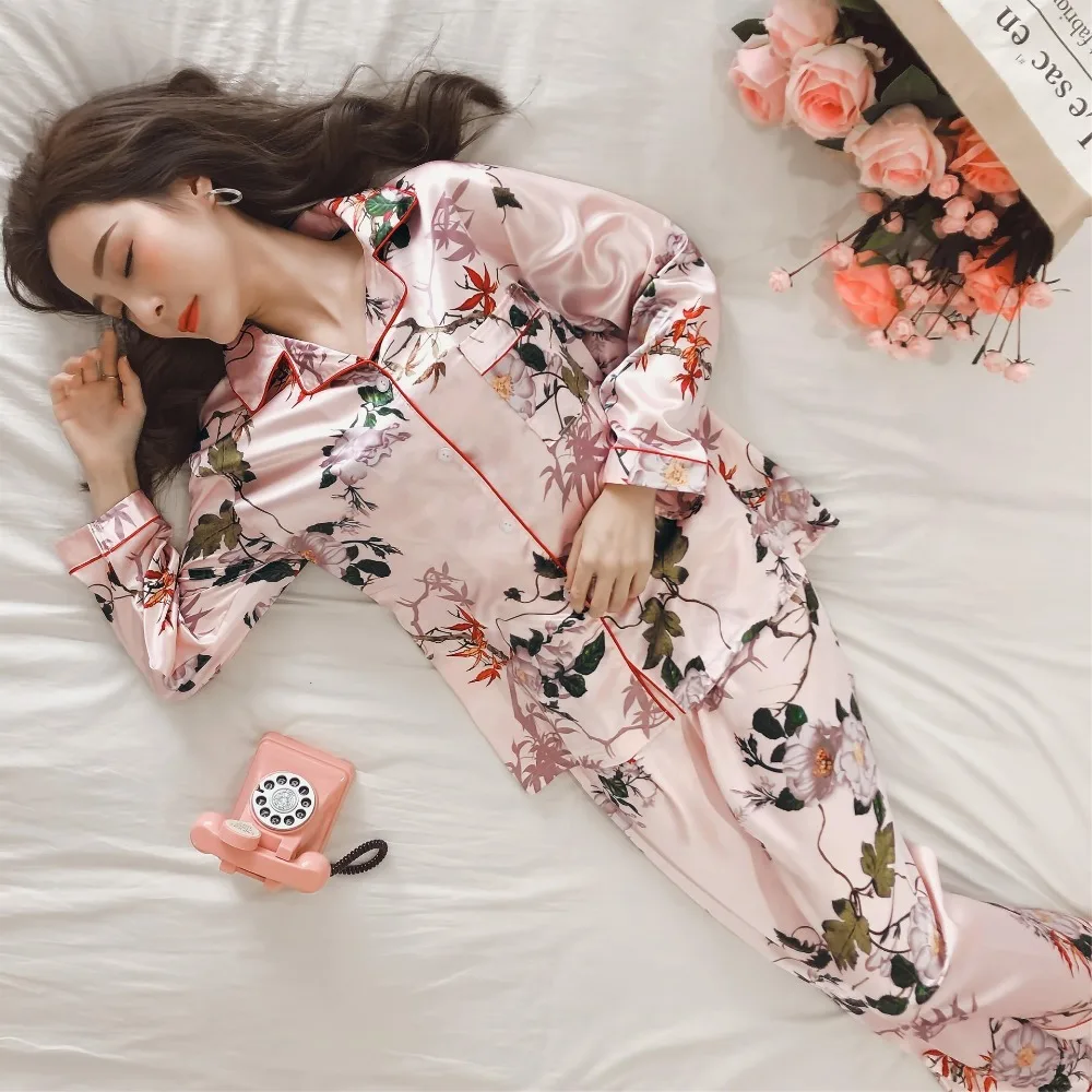 JULY'S SONG женская пижама искусственный шелк пижамы атласные пижамы набор цветочный принт с длинным рукавом 2 шт осень зима домашняя одежда