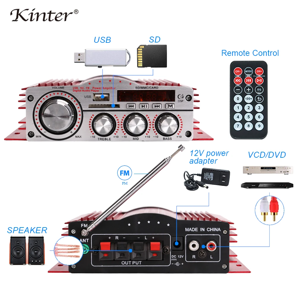 Kinter MA-800 стерео усилитель 2CH DC12V с USB SD FM входом в домашний Автомобиль Мотоцикл