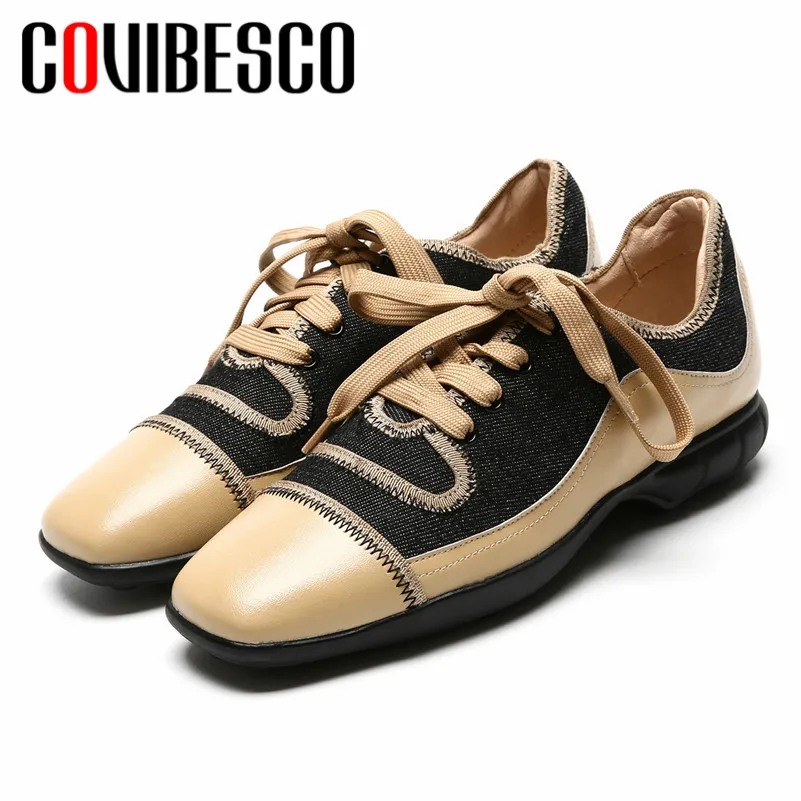 

COVIBESCO 2019 Spring Summer New Square Toe Lace Up Women Pumps Sheepskin Denim Single Shoes Woman Office Basic Party Shoes